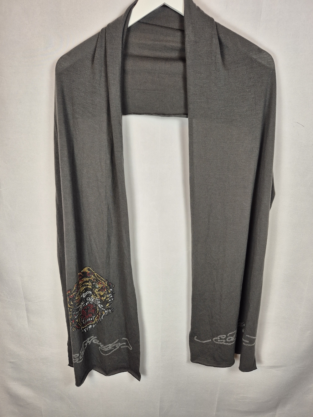 Ed Hardy Gray Knit Scarf with Embroidered Tiger Accent